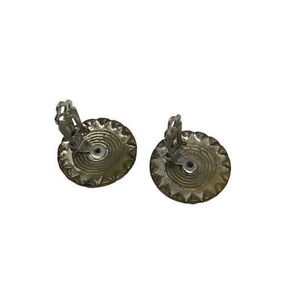 Round Green Gem Clip-on Earrings Rhinestone Trim Vintage - Picture 5 of 5